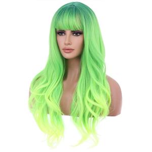 BERON Neon Green Wig Long Wavy Soft Synthetic Wigs with Straight Bangs for Women Cosplay Party Halloween Wig Cap Include, Length:65cm/26"(±5cm/2")