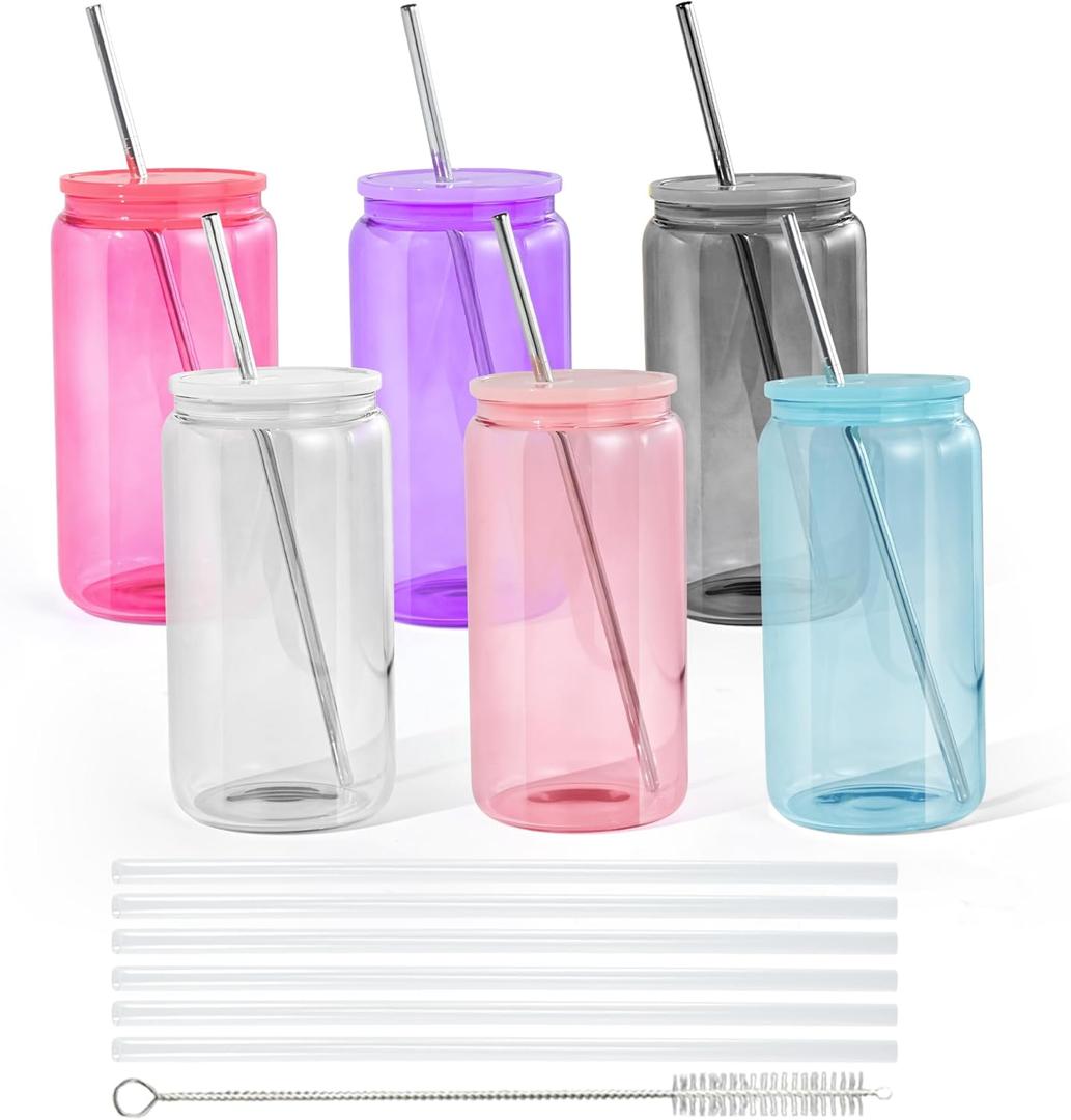 16oz Plastic Mason Jars, Only5Pack Clear Mason Drinking Acrylic Cups with Lids and Stainless Steel Straws Iced Coffee Cups Shatterproof Unbreakable Tumblers for Smoothies, Beer, Coffee, Milk Tea, Colored