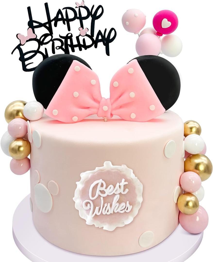 20Pcs Mouse Birthday Cake Topper with Bows and Ears Happy Birthday Party Baby Shower Decorations Supplies (Pink)