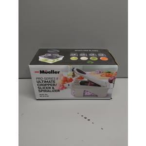 Mueller Pro-Series All-in-One, 12 Blade Mandoline Slicer for Kitchen, Food Chopper, Vegetable Slicer and Spiralizer, Cutter, Dicer, Grater, Kitchen Gadgets Sets with Container, White Sand/Gray