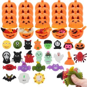Halloween Party Favors for Kids 24 Pumpkin Shells & 24 Halloween Squishes Bulk Squishy Toys 48PCS Halloween Goodie Bag Fillers Classroom Prizes Gifts Stress Reliever Anxiety Sensory Fidget Toys