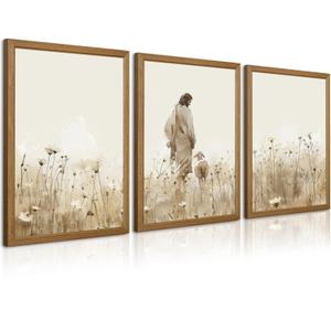 Jesus Leaves the 99 Sheep Wall Art Christian Canvas Poster Jesus and Lamb Wall Decor Religious Pictures Lost Sheep Painting God Christ Painting Artwork for Bedroom Living Room 12x16x3 Inch Wood Framed