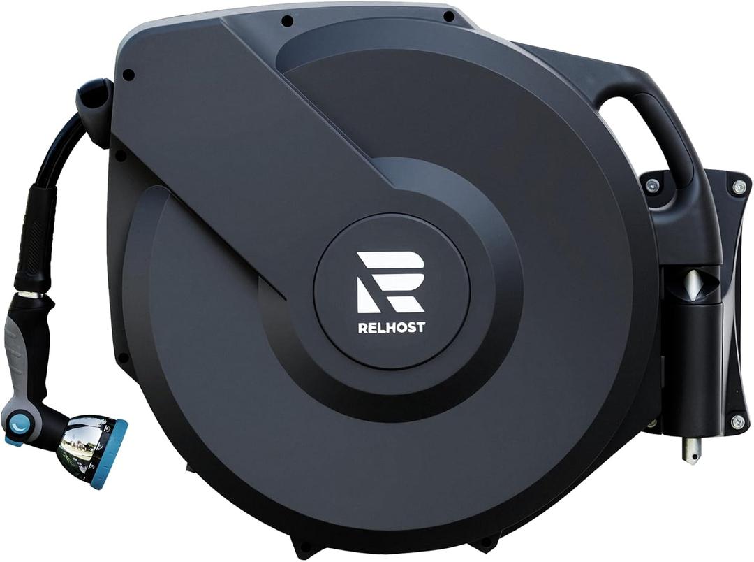Relhost Garden Hose Reel 115 ft x 5/8 in, Retractable Heavy Duty Hose Reel with Any Length Lock, Auto Rewind System, 180 Metal Swivel Bracket, 10-Pattern Garden Hose Nozzle, Dark Grey