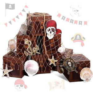21pc Pirate Party Supplies Treasure Chest Fishing Net Shells Pirate Card Decorations Photo Booth Props for Pirate Birthday, Halloween Decor, Pirate Party Favors Adventure Party Decorations