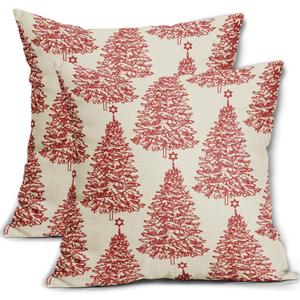 Christmas Tree Pillow Covers 18x18 Set of 2 Red Rustic Vintage Decorative Throw Pillowcases for Home, Living Room, Bedroom, Sofa, Couch, Bed, Chair, Stool, Porch, Office, Cafe, Car
