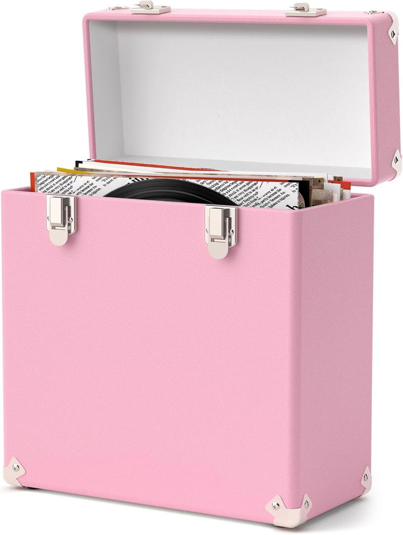 Vinyl Storage and Carrying Case, Waterproof and Dustproof Portable Organizer, LP Record Collection Display Case, Holds 50 7-12 Inch Records, Ideal for Theater Rooms and Rare Record Collections (Pink)