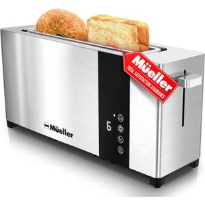 Mueller UltraToast Full Stainless Steel Toaster 2 Slice, Long Extra-Wide Slots with Removable Tray, Cancel/Defrost/Reheat Functions, 6 Browning Levels with LED Display, Housewarming Gifts New Home.