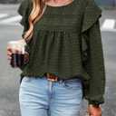 PRETTYGARDEN Women's Long Sleeve Shirts Ruffle Swiss Dot Crochet Loose Fit Tunic Dressy Casual Tops Blouses Spring Fashion (XS)