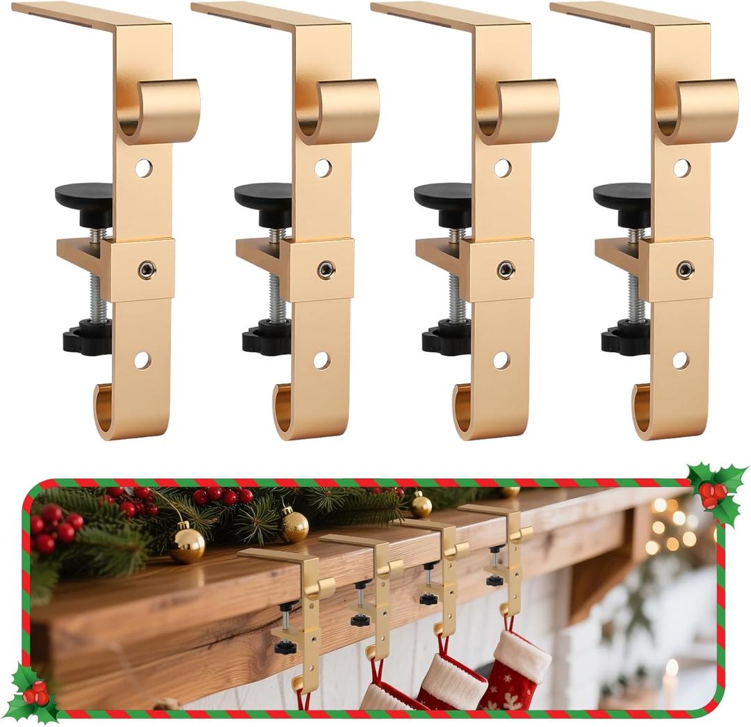 Stocking Hangers for Mantel,4 Pcs 2 in 1 Adjustable Fireplace Christmas Stocking Holder,No-Drill, Easy to Install Garland Hanger for Christmas Decorations,Fits 0.1-3.5Mantles (Gold, 4)