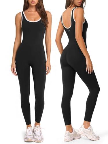 INNO MINT One Piece Workout Jumpsuits for Women - Yoga Full Length Romper with Square Neck and Contrast Trim, Sleeveless Tummy Control Unitard for Gym, M