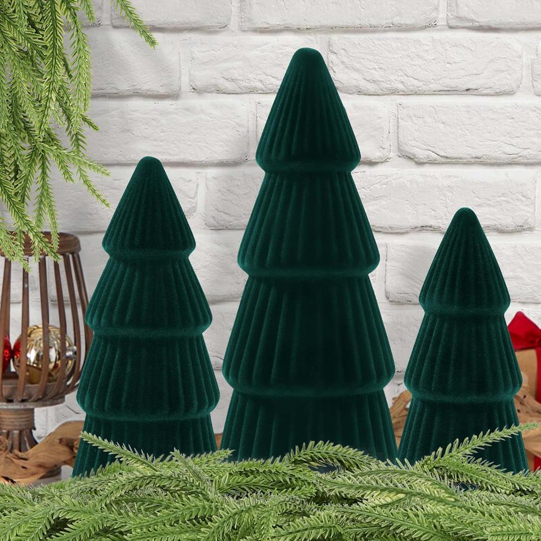 JOICEE Christmas Decorations Indoor, 3 Pcs Velvet Ceramic Christmas Trees Green Modern Cone Tabletop Trees for Xmas Winter Home Room Holiday Decorations Entryway Table Mantel Centerpiece Decor