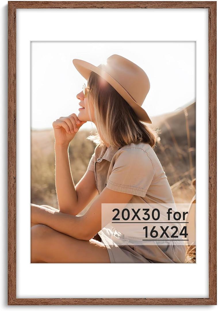 HLiWEGNS Light Walnut 20x30 Frame - Single Frame - Rustic Woodgrain 20 x 30 Poster Frame for Pictures 16x24 with Mat or 20x30 Picture Frame Without Mat for Wall Gallery Display - Ideal Christmas Day