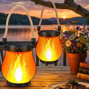 2 Pack Solar Flame Lantern Lights Flickering Flame Hanging Lanterns Outdoor, Waterproof Garden Lights with 2 Modes Dual Charging USB & Solar Yard, Patio Decor