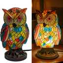 Tiffany Style Owl Table Lamp, Hand-Painted Vintage Resin Animal Desk Lamp, Colorful Owl Nightstand Light for Bedroom, Living Room, Nursery, Office, Unique Gift Idea for Mom, Women, Her