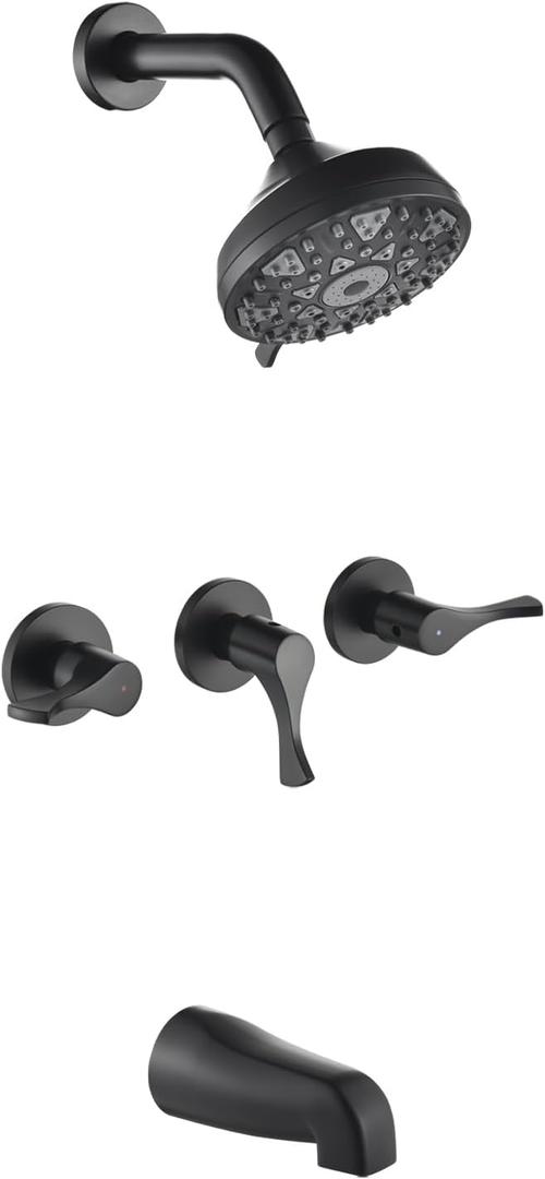 Matte Black 3 Handles Shower Faucet Set with Tub Spout Bathtub Shower Faucets Combo Set Shower System Complete Tub and Shower Trim Kit Shower Fixtures