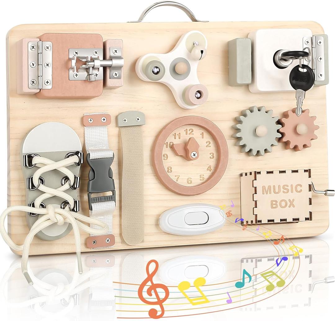 Joyreal Montessori Busy Board for Toddlers - Wooden Sensory Board Activity Board for Fine Motor Skills, Travel Baby Busy Board Sensory Toys for Kids (Neutral)