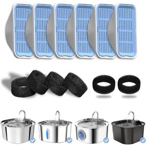PEKTACO Cat Water Fountain Replacement Filters & Pre-Filter Sponges for 3.2L/108oz Automatic Pet Fountain, Dog Water Dispenser  6 Pack Filters & 6 Pre-Filter Sponges (Standard)