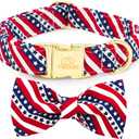 Tunkoo American Flag Dog Collar with Cute Bow Tie 4th of July Cotton Collar Adjustable Durable for Outside Small Medium Large Boys Girls Dogs, L