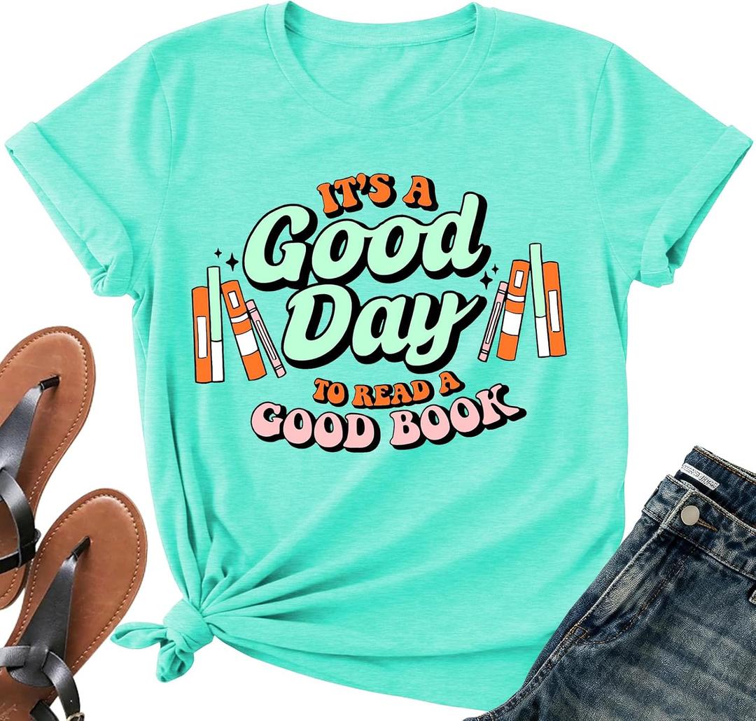 It's a Good Day to Read a Good Book Shirt Women-Cute Librarian Read Short Sleeve Book Lovers Tee Tops (Green, XXL)