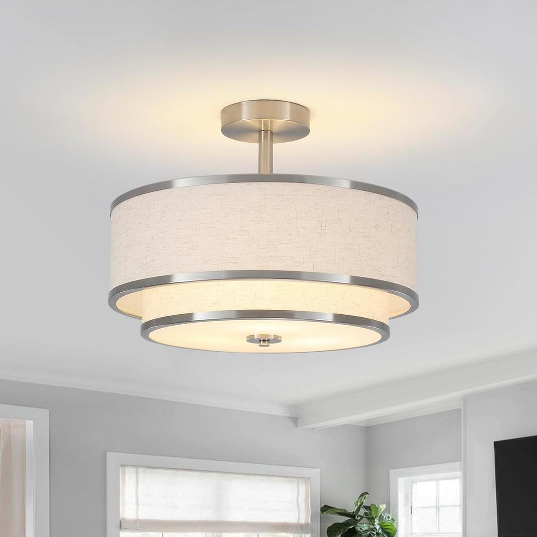 BUXVRCS Semi Flush Mount Ceiling Light Fixture, Modern Light Fixtures Ceiling Mount with Fabric Shade, 3-Light Double Drum Lighting Fixtures Close to Ceiling Light for Bedroom (Brushed Nickel)