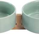 SPUNKYJUNKY Ceramic Dog and Cat Bowl Set with Wooden Stand, Modern Cute Weighted Food Water Set for Small Size Dogs (13.5OZ) & Medium Sized Dogs (28.7OZ) & Cats (1.7 Cups, 2  Light Green)