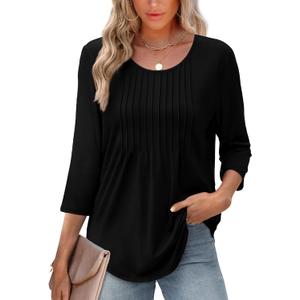 XIEERDUO 3/4 Length Sleeve Tops for Women 2025 Crewneck Casual Pleated Tunic Tops Loose Fit Shirts Blouses (Black)