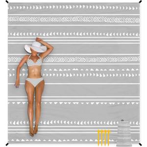 110''118'' Extra Large Beach Blanket for 8 Adults, Outdoor Beach Mat Sand Free Waterproof with 4 Stakes & 4 Corner Pockets, Polyester Lightweight Foldable Grey Picnic Mat for Travel, Camping, Hiking (9x10 FT (18 Person), Line Gray)