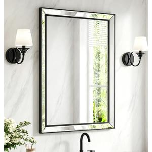 30X22 Inch Black Bathroom Mirror with Double Layer Beveled Edge, Framed Rectangular Vanity Wall Bathroom Mirrors for Over Sink, Bedroom, Living Room, and Hotel, Anti-Corrosion & Easy to Install
