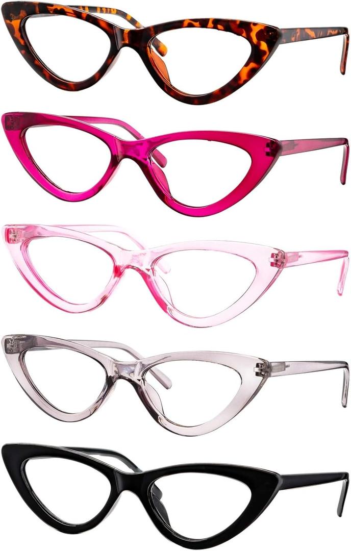 Yogo Vision Reading Glasses Readers for Women Cateye Eyeglasses and Light Spring Hinge Frame Set of 5: Black, Grey, Pink, Hot Pink, Brown Havana, 1.25
