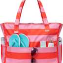 Bluboon Waterproof Beach Tote Pool Bags for Women Ladies Extra Large Carry On Bag With Wet Compartment for Weekender Travel (Rose Pink Stripe)