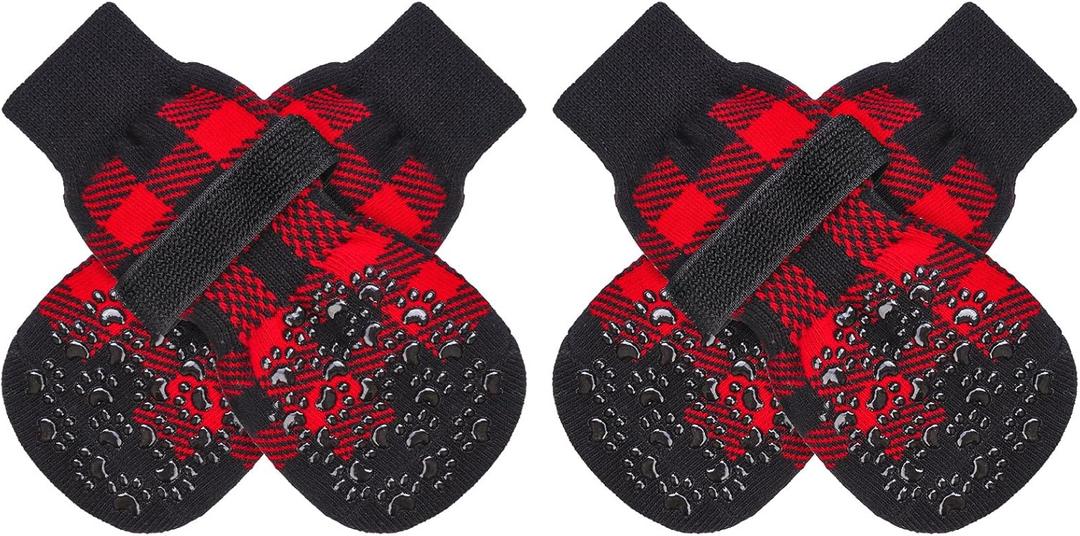 EXPAWLORER Anti-Slip Dog Socks-Double Sides Grips Traction Control on Hardwood Floor,Dog Shoes for Hot/Cold Pavement,Best Paw Protector,Prevents Licking,for Puppy Small Medium Large Senior Dogs (Medium (4 Count), Black and Red)