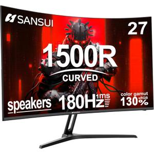 SANSUI 27 Inch Curved Gaming Monitor 180Hz 1ms with Speakers FHD 1080P Computer Monitor FreeSync|1500R|130% sRGB|HDR|Low Blue Light|HDMI DP Ports|VESA Mount|Metal Stand(ES-G27C1 HDMI Cable Included)