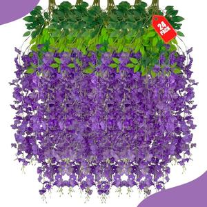 ZEBMOON 24Pack Purple Wisteria Hanging Flowers, 3.44 Ft Fake Hanging Flowers, Artificial Wisteria Garland Vines for Wedding Room Backdrop Outdoor Patio Garden Decoration