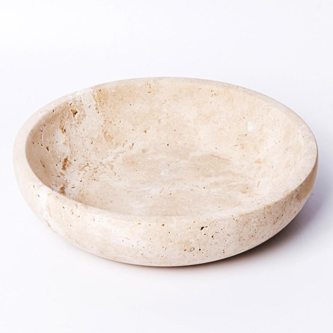 Beige Travertine Decorative Bowl, 7.8" Diameter x 2" Height, Handmade, Perfect for Entryway Key Bowl, Fruit, Kitchen Counter, Dining Table Centerpiece, Office Decor & Coffee Table