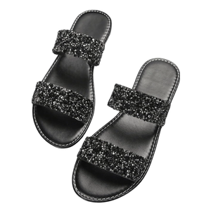 Verdusa Women's PU Leather Rhinestone Slippers Two Strap Open Toe Slip on Flat Sandals 39