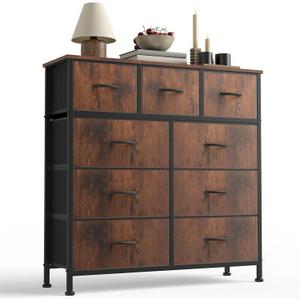Sweetcrispy 9-Drawer Fabric Dresser Storage Tower with Wood Top and Steel Frame, Organizer Chest with Easy Pull Handles for Bedroom, Closet, Hallway,Distressed Brown