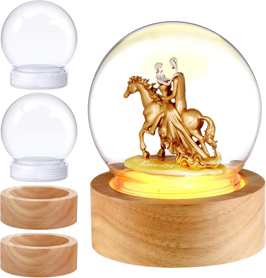Irenare 2 Set DIY Snow Globes Set Colorful Light Make Your Own Snow Globe with LED Light Wooden Base Clear Plastic Globe Kit for Valentine's Day Christmas Decor Gift (3.9 Inch)