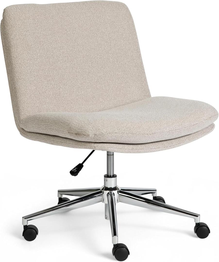 Martha Stewart Eloise Swivel Task Chair with Wide Seat for Home Office in Grey White Fabric with Polished Nickel Frame