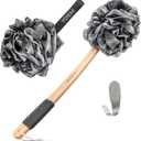 Loofah Back Scrubber for Shower | Bamboo Charcoal Fiber Infused | Loufas for Men & Women | Includes 1 Long Handled Shower Sponge, 1 Bath & Shower Luffa Pouf & 1 Hook to Hang Stuff (Slate Grey)