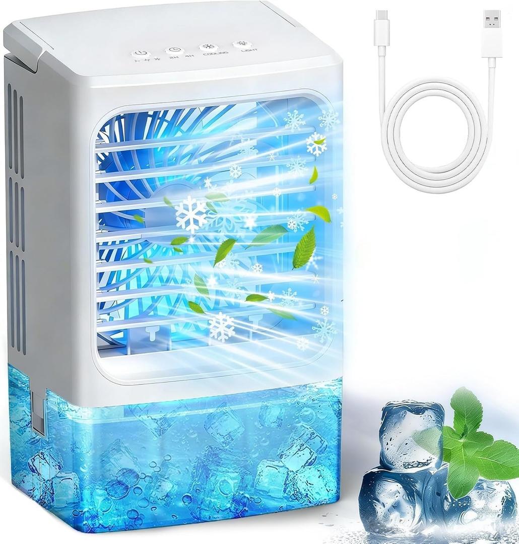 Mini Air Conditioner Small Portable AC Unit Portable Air Conditioners with 1500ml spray/hour 3 Speed Wind & 7 Colorful LED Light Cool Mist &Timer Evaporative Air Cooler for Bedroom/Home/Office