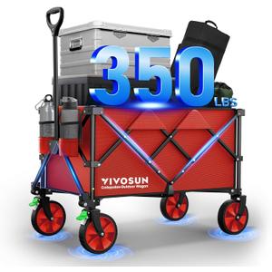 VIVOSUN Collapsible Folding Wagon, 350 lb Load-Bearing Outdoor Utility Cart with Silent Universal Wheels, Cup Holders &Side Pockets, Adjustable Handle, for Camping, Garden, Sports, Picnic, Shopping (Red)