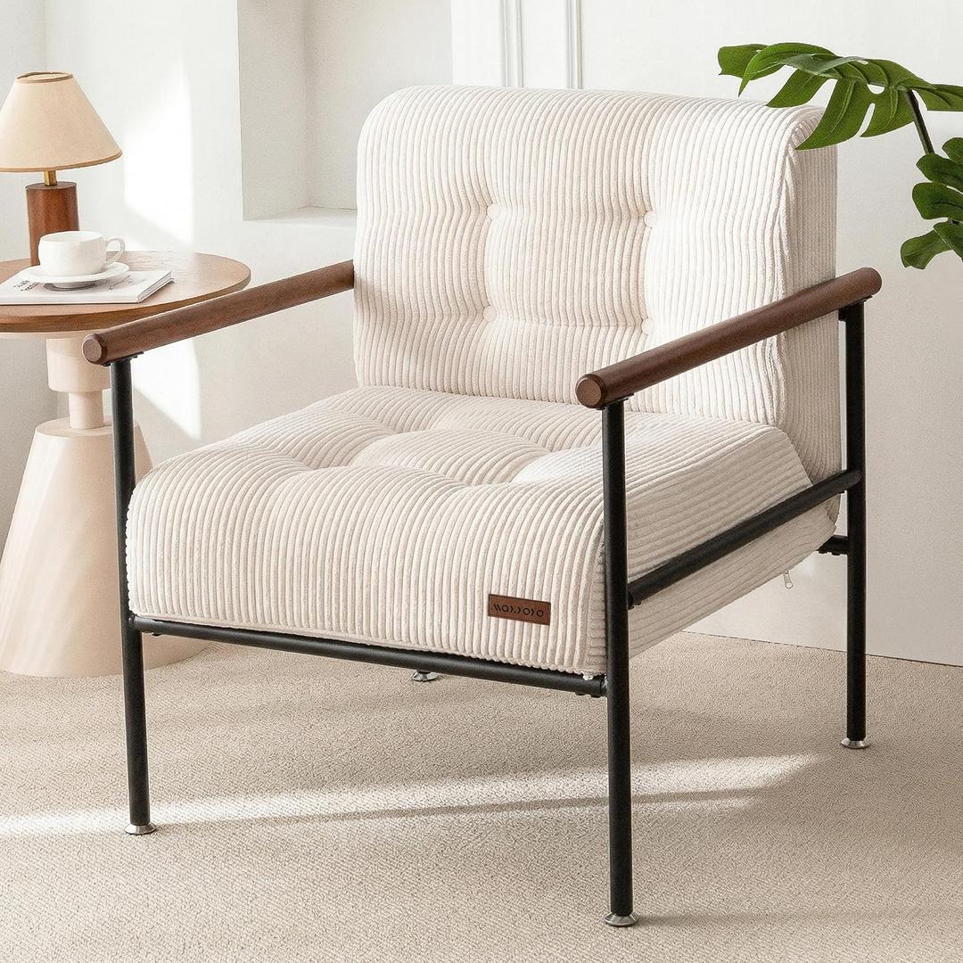 MAXYOYO Living Room Accent Chair, Modern Chair with Sturdy Metal Frame & Wood Armrests, Upholstered Reading Chair with Upholstered Cushion for Bedroom Balcony Porch, Beige