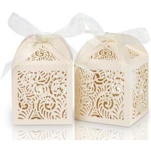 COTOPHER 100Pcs Laser Cut Favor Boxes, 2x2x2.75in Small Gift Boxes for Presents, Party Wedding Favors Boxes with Ribbon, Mini Candy Boxes for Event Bridal Shower Anniversary Birthday Christmas, Beige