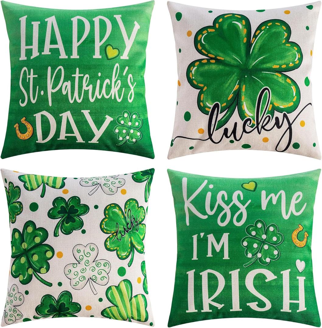 St. Patrick's Day Pillow Covers Decoration 18 x 18 inches 4-Piece Set Green Pillow Covers Lucky Clover Spring Pillow Covers Sofa Home
