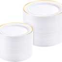 BESTVIP 300PCS Gold Plastic Plates, White with Gold Rim Disposable Plates - 150 Dinner Plates and 150 Dessert Plates, Heavy Duty Fancy Party Plates for Wedding, Catering, Large Events