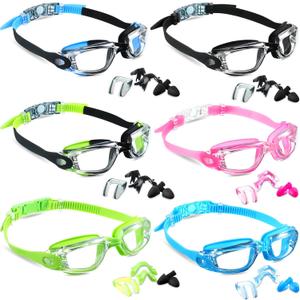 6 Pack Swim Goggles Anti Fog Swimming Goggles Soft Silicone Frame No Leaking Pool Goggles Anti UV Swimming Glasses with 6 Nose Clips 6 Earplugs for Adult Women Men Youth Kid over 8 Years Old, 6 Colors