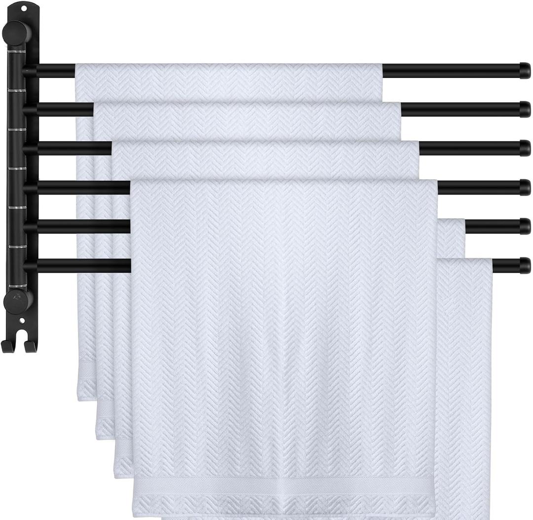 Swivel Towel Rack 20.4 Inches 304 Stainless Steel 6 Arms Bathroom Towel Rack Hanger Space Saving Pool Holder Wall Mounted Swivel Bar with Hook, Matte Black