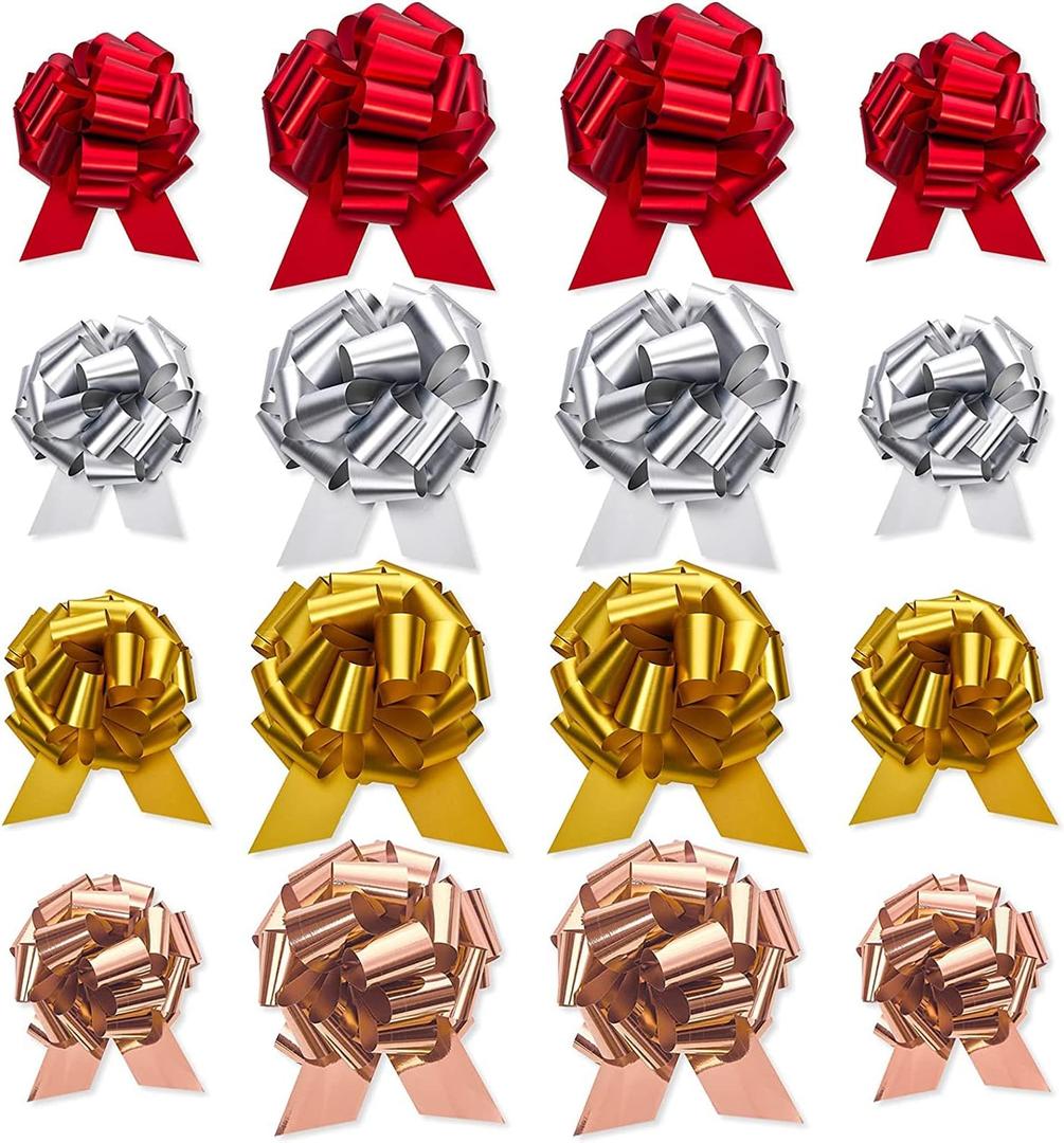 UNIQOOO Assorted Gift Wrap Pull Bow Set of 24, Medium 4'' Large 6'', Bulk for Gift Wrapping Basket Box Bag Dcor, Valentines Day Wedding Birthday Christmas Anniversary, Metallic Rose Gold Red Sliver