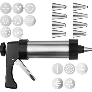 Stainless Steel Cookie Press Gun Kit, Spray Cookie Press with 13 Decorative Template Plates and 8 Icing Tips for DIY Baking Cooking