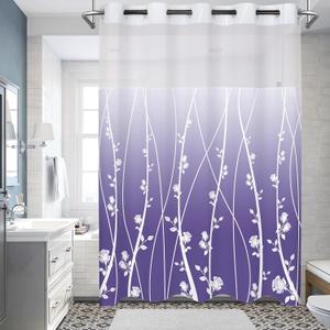 No Hook Shower Curtain Whith Snap in Liner Set, Purple Ombre Floral Striped Fabric Shower Curtains for Bathroom Hotel Decor 71x74 Inches